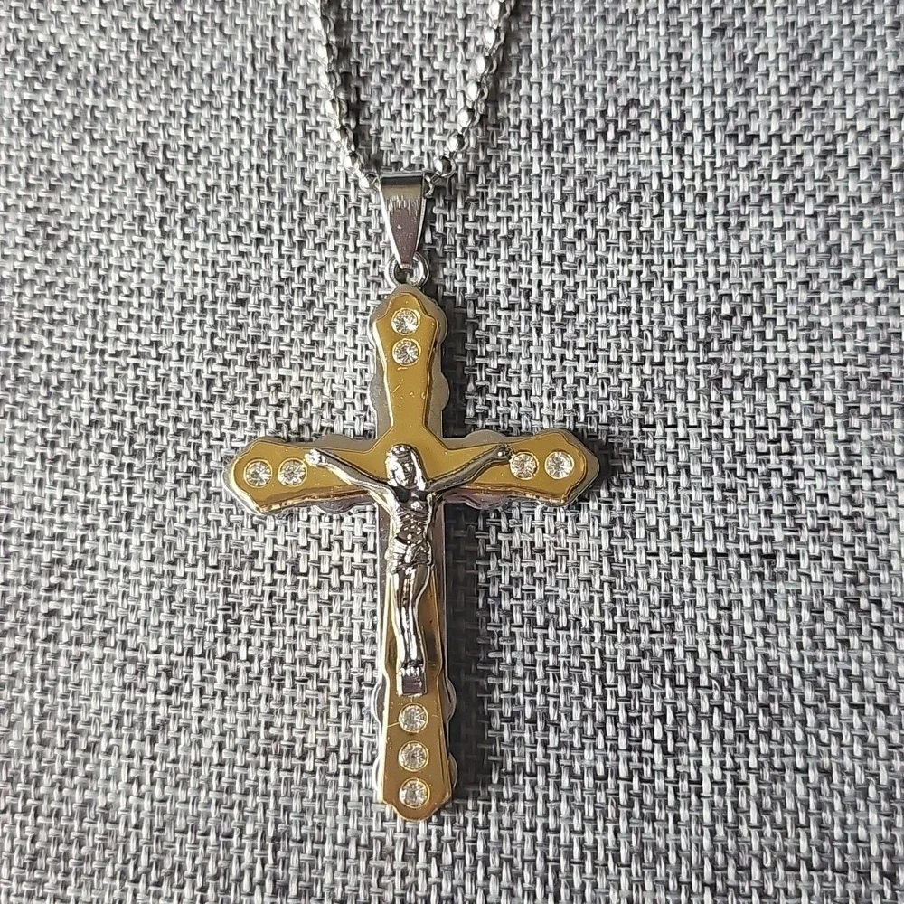 NIB Gold and Silver Crucifix Pendant Necklace Rhinestone Accents